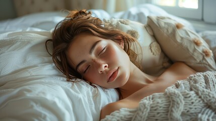 Obraz premium Serene Young Woman Napping on Comfortable Bed in Softly Lit Bedroom