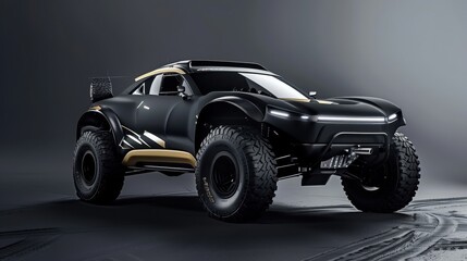 Concept car in black, an extreme 4x4 vehicle. Powerful car with gold details, built for speed.