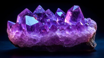 Fototapeta premium Purple amethyst crystal cluster, raw gemstone formation, vibrant violet hues, faceted edges, geode slice, macro photography, glossy surface, water droplets.