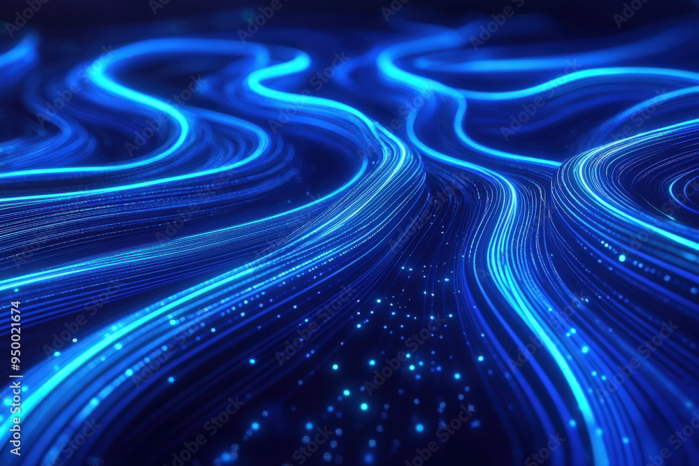 Poster blue wavy lines of data flowing on dark background representing internet traffic during cyber monday