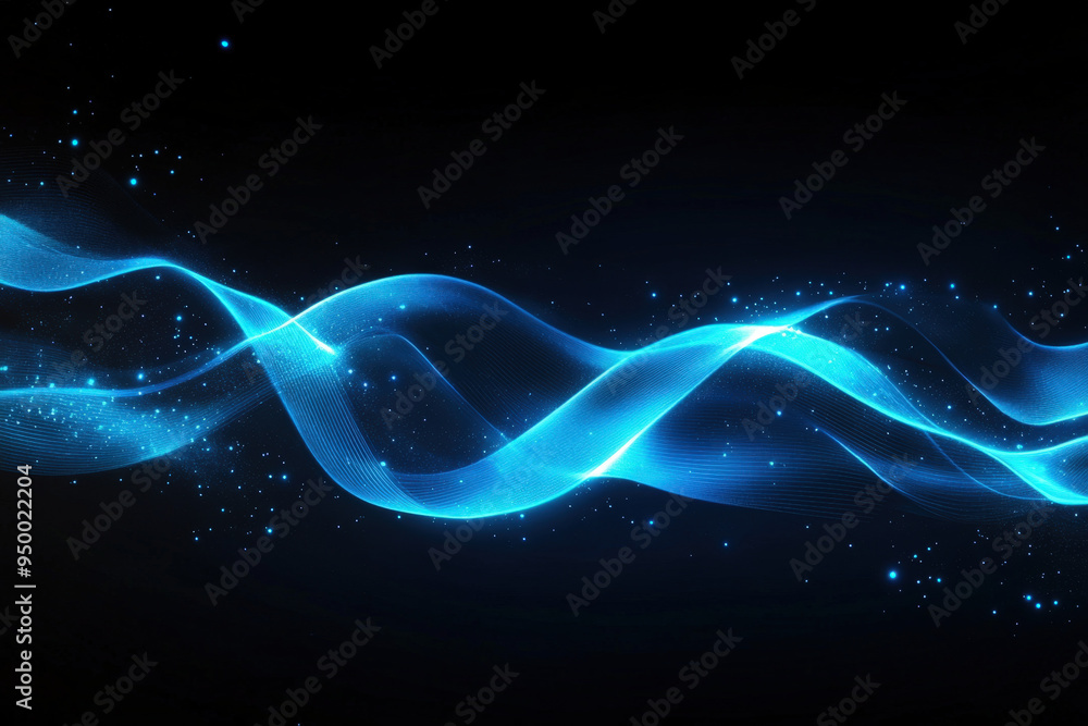 Poster blue light wave flowing on dark background with glowing particles, perfect for technology or interne