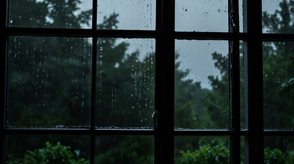 Rain drummed steadily against the windowpane, creating a soothing rhythm that contrasted with the occasional flash of lightning outside. Background
