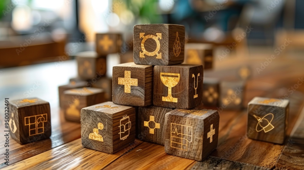 Poster a close-up view of wooden blocks with different symbols on each side.