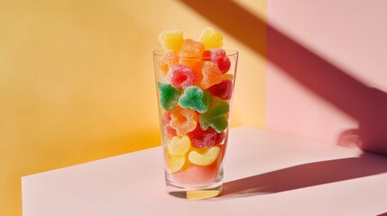Glass Filled with Colorful Gummy Candies on a Pastel Pink and Yellow Background with Minimalist Concept and Artistic Lighting