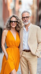 A mature couple in a vibrant city setting, the woman wearing a flowing summer dress and the man in a light blazer, both exuding a sense of elegance and modern fashion