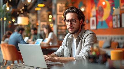 Fototapeta premium Modern Professional in Vibrant Coworking Space Working on Laptop among Diverse Group of Colleagues