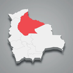 Beni department location within Bolivia 3d map