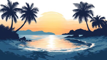 A serene tropical beach at sunset with palm trees silhouetted against a colorful sky, reflecting on calm waters.