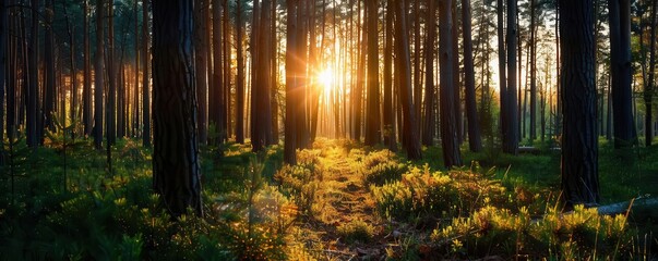 Pine forest with tall trees and dappled sunlight, serene and majestic, Nature, Soft greens, Photograph, Woodland tranquility