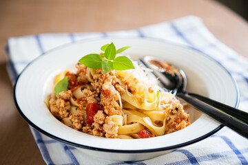 Pasta. Fettuccine with Turkey and Fresh Basil
