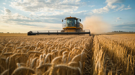 Obraz premium harvest Wheat Time : Combine Harvester in Ripe Wheat Field during wheat crop Harvest, moisson, , Agriculture 