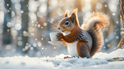 Cute squirrel with a cup of hot drink in winter forest   © Akash Tholiya