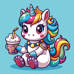 Cute Baby Unicorn Cartoon Style Vector on blue Background