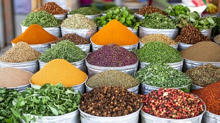 Fototapeta premium Fresh herbs and spices stall at a farmers market, a variety of aromatic herbs and colorful spices displayed, evoking a sensory experience