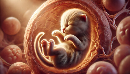 Illustration of a baby cat in embryo. Embryoid Baby. Cat in tummy. 
