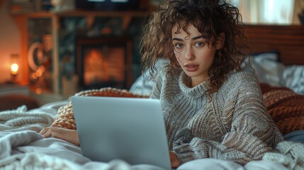 Cozy Work from Home: A young woman, wrapped in a cozy sweater, sits in bed with a laptop, her focused expression suggesting she's engrossed in work,  creating a relatable image of modern work life.