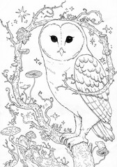 Hand drawn realistic owl coloring page.