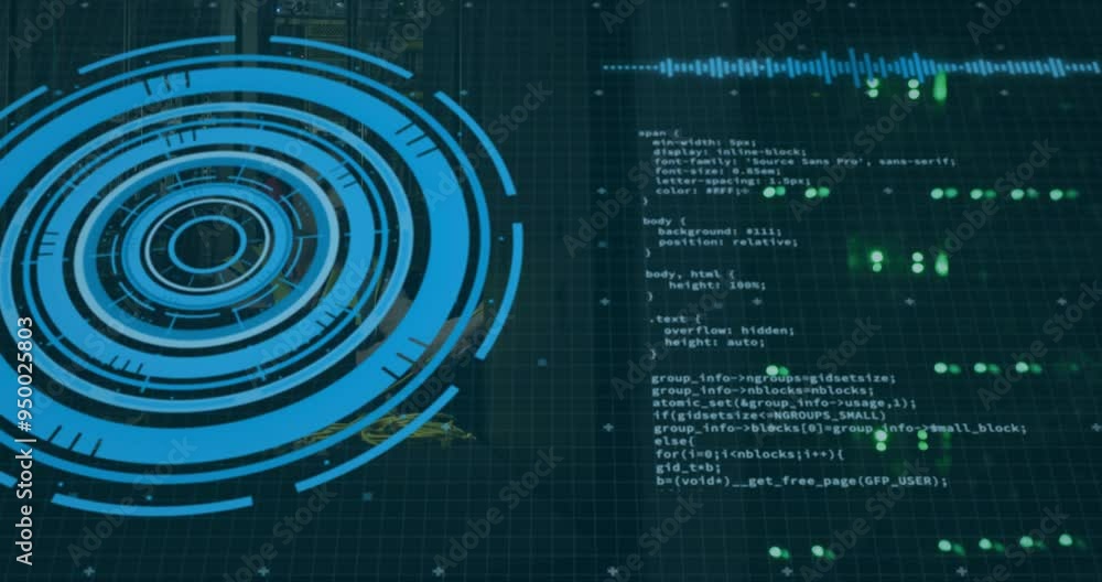 Poster Processing data in futuristic animation over computer code and circular digital interface