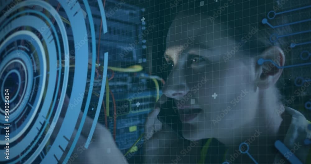 Poster in server room, computer code and data processing animation over woman talking on phone