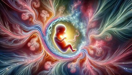 3D rendered illustration of a baby in embryo. Embryoid Baby. Baby in tummy. 
