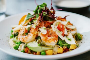 gourmet shrimp salad with fresh avocado, vegetables, and microgreens