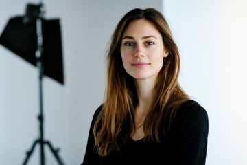 confident young woman posing in a professional photography studio, portrait of a female model in casual attire