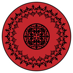 Islamic golden red Kazakh round ornament. Circle with ornament drawing of the great steppe. Patterns of the Turkic peoples, siberia and mongolia, Mongols, Kyrgyz, Kazakhs, Kalmyks, Buryats. Shanyrak 