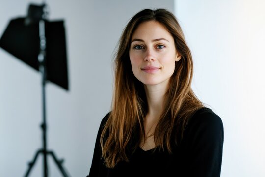 confident young woman posing in a professional photography studio, portrait of a female model in casual attire