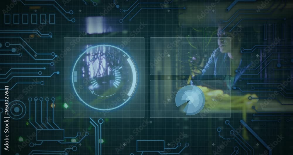 Poster circuit board and data processing animation over person working on computer