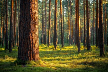 Fototapeta premium Pine forest with green lush blueberry grass in the background. Foreground in focus, background blurred.