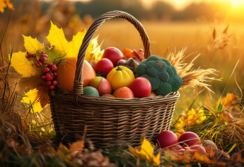 Basket of fresh autumn produce, including apples and pumpkins, representing the abundance of the harvest season and the beauty of nature
