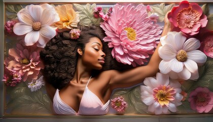 Naklejka premium A bas-relief depicting flowers, an aesthetic view of a woman partially floating out of frame