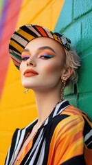 Fototapeta premium A nonbinary person with vibrant makeup and eclectic fashion choices, standing confidently against a colorful street mural, expressing creative self-expression