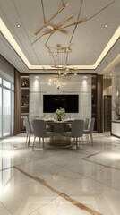 A comfortable round table surrounded by sleek chairs in a bright minimalist apartment, showcasing a large window with curtains and a mounted TV on the wall.