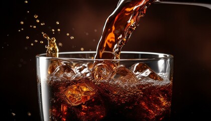 A close-up image of cola drink liquid pouring into a glass against a dark background.