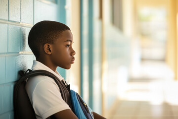 Elementary student with backpack feeling lonely and sitting alone in school hallway