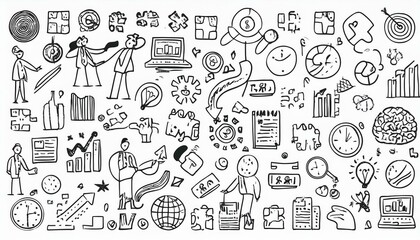 Obraz premium A doodle business icon set. Business strategy, finance, office people teamwork concept. Target, puzzle, chart element. Modern hand drawn sketch style illustration.