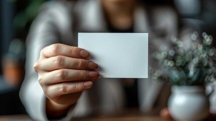 A woman's hand holding a blank white card in front of a blurred background.