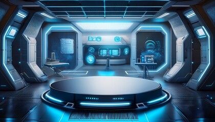 A laboratory in the interior of a spaceship and an empty podium for the presentation of a cyberpunk product. Technology and sci-fi concept. AI