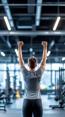 A person engaging in a high-energy workout in a modern gym, surrounded by weights and fitness equipment, capturing the intensity and determination of physical health maintenance