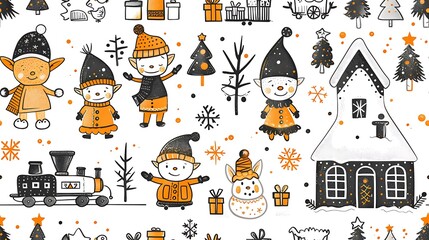 Naklejka premium A fun seamless pattern of Santa’s workshop with elves assembling toys, wrapping presents, and playing with toy trains and teddy bears.