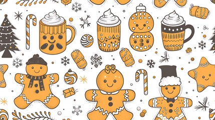A seamless pattern featuring gingerbread men with happy faces, candy canes, and hot cocoa mugs with marshmallows. The background has a warm,