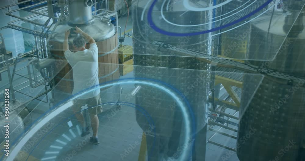 Poster Circular data processing animation over man using futuristic technology for brewing process