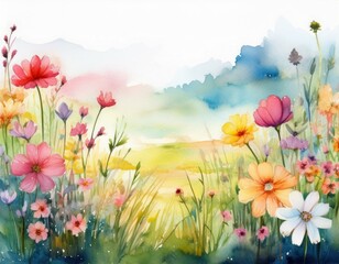 Obraz premium A watercolor painting of a field of flowers. Perfect for covers, cards, postcards, decorative items, or prints.