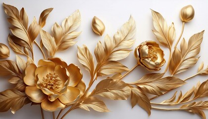 A white background is adorned with golden leaves and buds of a stucco peony.
