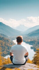 Naklejka premium A person lost in thought while looking out over a scenic landscape, capturing a moment of reflection