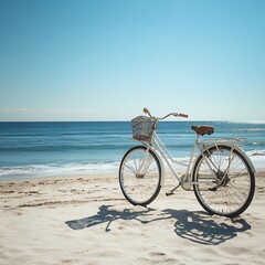 Fototapeta premium A classic bicycle sits on a sandy beach at sunset, symbolizing adventure, freedom, relaxation, and the beauty of nature