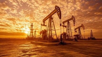 A pumpjack operates among drilling rigs amidst golden sunsets or sunrises, symbolizing the energy sector.