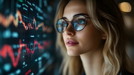 Professional woman reviewing performance indicators on a high-tech display in a contemporary workspace, engaged with detailed charts.