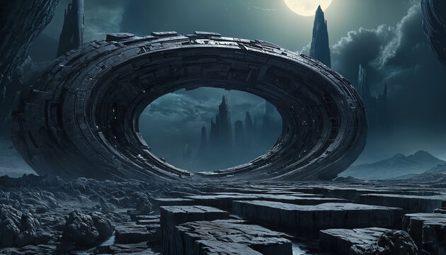 Illustration paysage imaginaire b&acirc;timent vestige vaisseau spatial Fantasy sci-fi futuriste moderne.